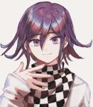  1boy bangs beige_background checkered checkered_scarf closed_mouth commentary_request dangan_ronpa hair_between_eyes hand_up jacket lemontea long_sleeves looking_at_viewer male_focus new_dangan_ronpa_v3 ouma_kokichi portrait purple_hair scarf short_hair simple_background smile solo violet_eyes white_jacket 