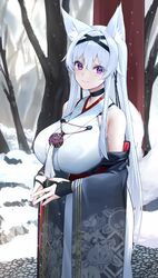  1girl animal_ears bangs breasts choker detached_sleeves eyebrows_visible_through_hair fox_ears fox_girl fox_tail highres japanese_clothes large_breasts long_hair long_sleeves multiple_tails original sidelocks smile snow solo tail very_long_hair violet_eyes white_hair wide_sleeves xiujia_yihuizi 