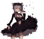  1girl am_isuel black_dress blue_eyes clothing_cutout dress laurel_crown long_sleeves navel navel_cutout rance_(series) short_hair short_hair_with_long_locks sidelocks sideways_glance silver_hair simple_background smile solo sparkle white_background yononaka 