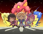  3girls aki_rosenthal arms_up chibi closed_eyes colored_smoke electriccross explosion himemori_luna hololive multiple_girls pose roboco-san sentai shadow smile v-shaped_eyebrows virtual_youtuber 