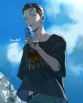  1boy artist_name black_hair black_shirt casual clouds connor_(detroit) day detroit:_become_human eating food food_on_face holding holding_food ice_cream_cone licking looking_at_viewer male_focus outdoors pants shirt short_sleeves solo t-shirt tongue tongue_out tree yukowa_(kari) 