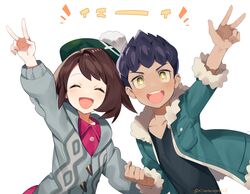  1boy 1girl :d absurdres arm_up black_shirt blush bob_cut brown_hair buttons cardigan clenched_hand closed_eyes collared_dress commentary_request dark_skin dark_skinned_male dress eyelashes fur-trimmed_jacket fur_trim gloria_(pokemon) green_headwear grey_cardigan hat highres hooded_cardigan hop_(pokemon) jacket looking_at_viewer miyukiyo open_mouth pink_dress pokemon pokemon_(game) pokemon_swsh shirt short_hair smile tam_o&#039;_shanter tongue upper_body v w white_background yellow_eyes 