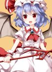  1girl ascot bangs bat_wings center_frills closed_mouth collared_shirt eyebrows_visible_through_hair frills hat hat_ribbon highres holding holding_spear holding_weapon jewelry looking_to_the_side medium_hair mob_cap open_mouth polearm purple_hair red_eyes red_neckwear red_ribbon remilia_scarlet ribbon ruu_(tksymkw) shirt short_sleeves simple_background skirt smile solo spear spear_the_gungnir standing touhou weapon white_headwear white_shirt white_skirt wings wrist_cuffs yellow_background 