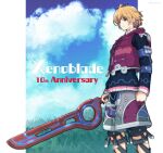  1boy anniversary blonde_hair blue_eyes copyright_name highres looking_at_viewer mochimochi_(xseynao) monado shorts shulk_(xenoblade) smile solo sword weapon xenoblade_chronicles xenoblade_chronicles_(series) 