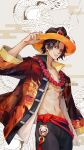 1boy abs adjusting_clothes adjusting_headwear black_hair dragon dragon_print dywx_poison english_commentary freckles grin hat highres jewelry male_focus midriff navel necklace one_eye_closed one_piece open_clothes open_shirt portgas_d._ace skull smile solo