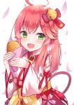  1girl ahoge bell blush cherry_blossom_print floral_print food green_eyes hair_bell hair_ornament hairclip highres holding holding_food hololive open_mouth paw_print_pattern petals pink_hair sakura_miko solo taiyaki virtual_youtuber wagashi x_hair_ornament yuzuki4no 