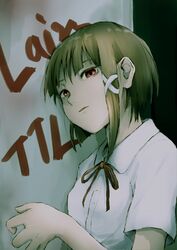  1girl asymmetrical_hair breasts brown_eyes brown_hair commentary hair_ornament hairclip highres iwakura_lain looking_at_viewer neko_zukin school_uniform serial_experiments_lain short_hair solo x_hair_ornament 