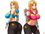  1girl ass blonde_hair blue_hoodie breasts cellphone commentary highres hood hoodie jmg large_breasts long_hair looking_at_viewer midriff navel pantylines parted_lips phone pink_hoodie princess_zelda signature simple_background smartphone the_legend_of_zelda the_legend_of_zelda:_breath_of_the_wild triforce white_background 