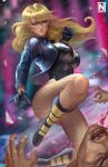  1boy 1girl absurdres bangs black_canary black_leotard blonde_hair blood blue_eyes blurry blurry_background boots breasts clenched_hand dc_comics expressionless fishnet_legwear fishnets highres jacket large_breasts leather leather_jacket leotard lips lipstick long_hair looking_at_viewer makeup norman_de_mesa pantyhose solo_focus superhero 