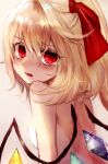  1girl bangs blonde_hair blush commentary_request crystal eyebrows_visible_through_hair fang flandre_scarlet hair_between_eyes hair_ribbon looking_at_viewer looking_back maho_moco medium_hair no_hat no_headwear one_side_up red_eyes red_ribbon ribbon solo tears touhou wavy_hair white_background wings 