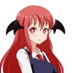  1girl :o bangs bat_wings black_vest bright_pupils cato_(monocatienus) commentary_request eyebrows_visible_through_hair head_wings koakuma long_hair looking_at_viewer necktie red_eyes red_neckwear redhead shirt simple_background solo touhou upper_body vest white_background white_pupils white_shirt wing_collar wings 