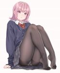  1girl black_legwear blazer crotch_seam fangxiang_cuoluan feet full_body highres jacket looking_at_viewer medium_hair original panties panties_under_pantyhose pantyhose pink_eyes pink_hair pleated_skirt school_uniform serafuku skirt solo sweater underwear white_panties 