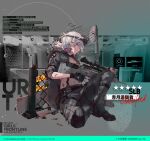  1girl artist_request assault_rifle black_gloves blood blood_on_face boots breasts camouflage camouflage_jacket camouflage_pants character_name choker commentary copyright_name damaged english_text eyebrows_visible_through_hair eyewear_on_head fingerless_gloves girls_frontline gloves gun hair_between_eyes holding holding_weapon jacket looking_at_viewer medium_hair official_art pants rifle silver_hair sitting_on_floor sl8_(girls_frontline) solo violet_eyes weapon 