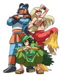  1girl 2boys armor bandaged_feet bandages bare_arms bare_shoulders barefoot behind_another blaziken blonde_hair blue_eyes bracer closed_mouth commentary cropped_shirt dark_skin dark_skinned_male english_commentary eye_mask floating_hair full_body gen_3_pokemon geta green_eyes grin half-closed_eyes helmet highres knee_up long_hair looking_at_viewer mask midriff mouth_hold multiple_boys navel orange_eyes pants personification pokemon pokemon_(game) pokemon_rse pose sceptile serious shirt shoulder_armor simple_background sleeveless sleeveless_shirt smile squatting standing stomach swampert tail tina_fate toes very_long_hair vest white_background wristband 
