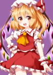  1girl ascot bangs blonde_hair collared_shirt crystal eyebrows_visible_through_hair flandre_scarlet hat hat_ribbon highres looking_at_viewer medium_hair mob_cap open_mouth orange_eyes purple_background red_ribbon red_skirt red_vest ribbon ruu_(tksymkw) shirt short_sleeves side_ponytail simple_background skirt solo standing touhou vest white_headwear white_shirt wings wrist_cuffs yellow_neckwear 