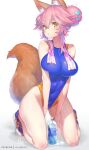  1girl animal_ear_fluff animal_ears blue_footwear blue_swimsuit blush bottle breasts commentary_request competition_swimsuit covered_navel double_bun fate_(series) fox_ears fox_girl fox_tail full_body hair_bun hair_ornament hong_(white_spider) large_breasts long_hair looking_at_viewer one-piece_swimsuit pink_hair pink_towel shoes simple_background sneakers solo swimsuit tail tamamo_(fate)_(all) tamamo_no_mae_(fate) towel towel_around_neck water_bottle wet white_background yellow_eyes 