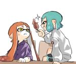  2girls aqua_eyes aqua_hair black_shorts cannibalism domino_mask frown grin ikayaki inkling long_hair long_sleeves looking_at_another mask multiple_girls nishikuromori orange_hair pointy_ears purple_shirt shirt short_hair shorts simple_background sitting sleeves_past_elbows smile sparkle splatoon_(series) splatoon_2 sweater tentacle_hair very_long_hair white_background white_sweater yellow_eyes 