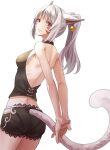  1girl arms_behind_back bangs bare_back bare_shoulders black_shorts breasts cat_girl cat_tail cross-laced_clothes earrings facial_mark final_fantasy final_fantasy_xiv hands_together highres jewelry long_hair looking_at_viewer looking_back medium_breasts miqo&#039;te ojiki pantylines ponytail shirt shorts sideboob sidelocks simple_background sleeveless sleeveless_shirt solo tail violet_eyes white_background white_hair 