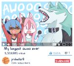  1boy 2girls absurdres animal_ears animal_nose arms_up basketball blue_hair brand_new_animal cailin_(poptrt) collar fangs fox_ears fox_girl furry highres hiwatashi_nazuna jacket kagemori_michiru meme microphone multiple_girls my_longest_yeah_boy_ever ogami_shirou open_mouth pink_hair raccoon_ears raccoon_girl simple_background snout track_jacket wolf_boy wolf_ears youtube 