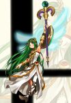  1girl aqua_eyes arm_up armlet bangle bangs belt belt_buckle bracelet bracer brown_belt brown_footwear buckle closed_mouth dress eyebrows_visible_through_hair full_body goddess green_hair high_heels highres holding holding_staff jewelry kid_icarus long_hair looking_up necklace nishikuromori palutena parted_bangs shield side_slit single_thighhigh smash_ball smile solo staff strapless strapless_dress super_smash_bros. thigh-highs very_long_hair white_dress white_legwear zoom_layer 
