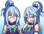  1girl :d aqua_(konosuba) artist_name bangs bare_shoulders beads blue_eyes blue_hair bow bowtie commentary eyebrows_visible_through_hair gradient gradient_background hair_beads hair_between_eyes hair_ornament hair_rings hand_to_own_mouth kono_subarashii_sekai_ni_shukufuku_wo! lirilias long_hair looking_at_viewer looking_down multiple_views nervous nervous_smile open_mouth shaded_face simple_background smile smug sweatdrop upper_body wavy_mouth 