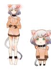  1girl :3 animal_ears arms_at_sides bandaged_leg bandages bangs barefoot blue_hair blush breasts cat_ears cat_girl cat_tail chain chibi closed_mouth cluseller collar cuffs drawstring dress ear_blush eyebrows_visible_through_hair full_body gradient_hair green_eyes grey_hair hair_ornament hairclip half-closed_eyes hands_up heart heart_hair_ornament hooded_dress long_sleeves medium_breasts multicolored_hair multiple_views off_shoulder open_mouth orange_dress original sad shackles short_dress short_hair sidelocks simple_background sketch sleeves_past_wrists standing tail tears tiptoes white_background 
