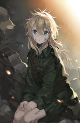  1girl backlighting bangs blonde_hair blue_eyes blush buckle coat dirty dirty_face feet_out_of_frame green_coat hair_between_eyes highres long_hair long_sleeves looking_at_viewer m2_(guvn5745) nose_blush own_hands_together parted_lips pouch rock sitting solo violet_evergarden violet_evergarden_(character) 