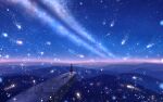  1girl ahoge black_hair bob_cut cape cliff commentary dark dress fantasy highres hill light_particles looking_afar night night_sky original sakimori_(hououbds) scenery short_hair sky solo staff star_(sky) starry_sky 