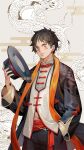 1boy black_hair black_headwear chinese_clothes cowboy_shot dragon dywx_poison eastern_dragon hand_in_pocket hat headwear_removed holding holding_clothes holding_hat male_focus monkey_d._luffy one_piece orange_scarf scar scarf solo