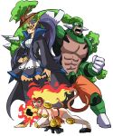 1boy 2girls abs all_fours arm_at_side armor bare_arms bare_pecs black_hair blue_eyes breasts closed_mouth coat collarbone collared_coat commentary dark_skin dark_skinned_male dress empoleon english_commentary eye_mask fiery_hair fire flaming_hand full_body gen_4_pokemon gloves green_hair hair_bun half-closed_eyes hand_on_hip height_difference high_collar high_heels high_ponytail highres holding holding_shield infernape knee_pads long_hair long_sleeves looking_at_viewer mask monkey_tail multiple_girls muscle open_clothes open_coat open_mouth overgrown pants pectorals pelvic_curtain personification plant pokemon pokemon_(game) pokemon_dppt shield shoes short_dress short_hair shoulder_armor simple_background spikes standing stomach superhero tail thigh-highs tina_fate torterra v-shaped_eyebrows very_long_hair white_background wide_sleeves yellow_eyes zettai_ryouiki 