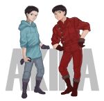  2boys akira arm_support bangs black_gloves black_hair blue_hoodie blue_pants boots brown_eyes closed_mouth commentary_request cross-laced_footwear full_body gloves gloves_removed hand_on_hip highres holding holding_clothes holding_gloves hood hoodie jacket jumpsuit kondate_(inugrm) leaning_on_object lips long_sleeves looking_at_viewer male_focus multiple_boys nose pants purple_footwear purple_gloves red_footwear red_gloves red_jacket red_jumpsuit red_pants shirt short_hair sleeves_pushed_up smile standing very_short_hair 