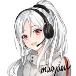  1girl :d artist_name bangs black_scrunchie blush commentary_request eyebrows_visible_through_hair grey_jacket hair_between_eyes hair_ornament hair_scrunchie head_tilt headphones headset high_ponytail jacket long_hair looking_at_viewer maoyao-ll open_mouth original parted_bangs ponytail red_eyes scrunchie signature simple_background smile solo upper_body white_background white_hair 