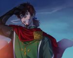  1boy brown_eyes brown_hair cape cigarette facial_hair fate/grand_order fate_(series) gauntlets goatee grin hector_(fate/grand_order) highres male_focus medium_hair nagiko_(mangalove1111) red_cape smile smoke smoking tied_hair 