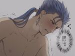  1boy blue_hair blush clenched_teeth collarbone commentary_request cu_chulainn_(fate)_(all) earrings facing_down fate/stay_night fate_(series) grey_background jewelry long_hair male_focus mondi_hl nipples pectorals ponytail portrait red_eyes simple_background solo sweat teeth translated trembling upper_body 
