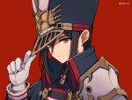  1girl adjusting_clothes adjusting_headwear black_hair brown_eyes gloves hat high_collar highres military military_hat military_uniform mochimochi_(xseynao) morag_ladair_(xenoblade) reverse_trap solo uniform white_gloves xenoblade_chronicles_(series) xenoblade_chronicles_2 