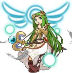  1girl aqua_eyes armlet bangs belt belt_buckle bracer brown_belt brown_footwear buckle circlet dress feathers full_body goddess green_hair high_heels highres holding holding_staff jewelry kid_icarus leg_up long_hair necklace nishikuromori palutena parted_bangs side_slit simple_background single_thighhigh solo staff strapless strapless_dress thigh-highs very_long_hair white_background white_dress white_legwear 