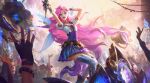  1girl belt black_gloves blue_eyes boots dress fingerless_gloves fingernails gloves happy highres holding izaskun league_of_legends lips long_hair looking_at_another looking_at_viewer outdoors people pink_hair puffy_short_sleeves puffy_sleeves seraphine_(league_of_legends) short_dress short_sleeves smile solo_focus tagme very_long_hair white_gloves 