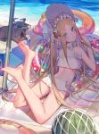  1girl abigail_williams_(fate/grand_order) abigail_williams_(swimsuit_foreigner)_(fate) absurdres ass back bangs bare_shoulders beach bikini blonde_hair blue_eyes blush bonnet bow breasts cat crab fate/grand_order fate_(series) feet feet_up food forehead fruit hair_bow highres innertube legs long_hair looking_at_viewer looking_back lying miniskirt navel on_stomach parted_bangs shore sidelocks skirt small_breasts swimsuit twintails very_long_hair watermelon white_bikini white_bow white_headwear xingchee 