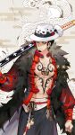  1boy abs bare_pecs black_hair chest_tattoo chinese_clothes cowboy_shot dragon dywx_poison earrings eastern_dragon facial_hair goatee hand_tattoo hat holding holding_weapon jewelry katana male_focus one_piece open_clothes sheath sheathed solo sword tattoo trafalgar_law weapon 