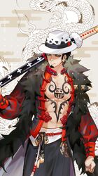  1boy abs bare_pecs black_hair chest_tattoo chinese_clothes cowboy_shot dragon dywx_poison earrings eastern_dragon facial_hair goatee hand_tattoo hat holding holding_weapon jewelry katana male_focus one_piece open_clothes sheath sheathed solo sword tattoo trafalgar_law weapon 