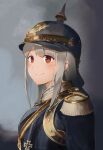  1girl blush brown_eyes epaulettes gradient gradient_background helmet highres iron_cross long_hair looking_at_viewer looking_to_the_side military military_uniform original pickelhaube portrait sidelocks silver_hair smile soldier solo unicron_(brous) uniform upper_body world_war_i 