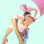  1girl armpits bare_shoulders blue_background boots breasts brown_footwear bullet choker closed_mouth commentary from_below gun hair_over_eyes hand_on_hip holding holding_gun holding_weapon jojo_no_kimyou_na_bouken lips medium_breasts medium_hair midriff pink_hair pink_lips sitting skirt solo strapless thighs trish_una tubetop vento_aureo weapon zzyzzyy 