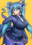  1girl :p bangs blue_eyes blue_gloves blue_jacket blue_legwear blue_shirt blue_skirt blue_suit breast_pocket breasts buttons collared_shirt dragon_tail eyebrows_visible_through_hair gloves hair_between_eyes highres jacket kemono_friends large_breasts light_blue_hair long_hair morimasakazu necktie pantyhose pleated_skirt pocket seiryuu_(kemono_friends) shirt simple_background skirt solo tail tongue tongue_out twintails very_long_hair white_neckwear yellow_background 