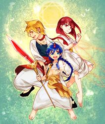  1girl 2boys aladdin_(magi) ali_baba_saluja barefoot blonde_hair blue_hair braid magi_the_labyrinth_of_magic morgiana multiple_boys red_eyes redhead short_hair siruphial sword turban weapon yellow_eyes 