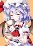  1girl ascot bangs bat_wings closed_eyes closed_mouth collared_shirt cup eyebrows_visible_through_hair hat hat_ribbon highres holding holding_cup holding_saucer jewelry medium_hair mob_cap orange_background purple_hair red_neckwear red_ribbon remilia_scarlet ribbon ruu_(tksymkw) saucer shirt short_sleeves simple_background skirt smile smoke solo touhou upper_body white_headwear white_shirt white_skirt wings wrist_cuffs 