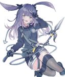  1girl animal_ears arknights belt belt_pouch black_eyes black_footwear black_gloves black_jacket black_legwear blush breasts commentary eyebrows_visible_through_hair full_body gloves hair_ribbon highres holding holding_knife jacket knife long_hair long_sleeves looking_at_viewer medium_breasts open_mouth pouch purple_hair rabbit_ears ribbon rope rope_(arknights) seia_(tikxxx) shoes simple_background smile solo strap thigh-highs thighs weapon white_background zettai_ryouiki 