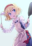  1girl alice_margatroid apron blonde_hair blue_background blue_eyes cooking frying_pan hairband hands_up highres ikamagu ladle lolita_hairband looking_to_the_side open_mouth short_hair simple_background solo touhou 