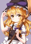  1girl apron bangs black_headwear black_vest blonde_hair bow braid broom buttons closed_mouth eyebrows_visible_through_hair grey_background hair_bow hat hat_bow highres holding holding_broom holding_clothes holding_hat kirisame_marisa long_hair looking_at_viewer purple_bow ruu_(tksymkw) shirt simple_background single_braid solo standing touhou vest waist_apron white_apron white_shirt witch_hat yellow_eyes 