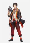 1boy black_footwear black_hair black_headwear chinese_clothes dywx_poison hand_in_pocket hat hat_removed headwear_removed holding holding_clothes holding_hat male_focus monkey_d._luffy one_piece orange_scarf pants red_pants scar scarf simple_background solo standing
