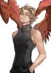  1boy angel angel_wings artist_name bangs bare_arms bare_shoulders black_pants black_shirt black_tank_top blonde_hair boku_no_hero_academia commentary covered_navel cowboy_shot earrings feathered_wings feathers hand_in_pocket hand_on_hip hawks_(boku_no_hero_academia) jewelry kadeart looking_at_viewer male_focus pants shirt simple_background sleeveless sleeveless_turtleneck solo tank_top turtleneck upper_body white_background wings yellow_eyes 